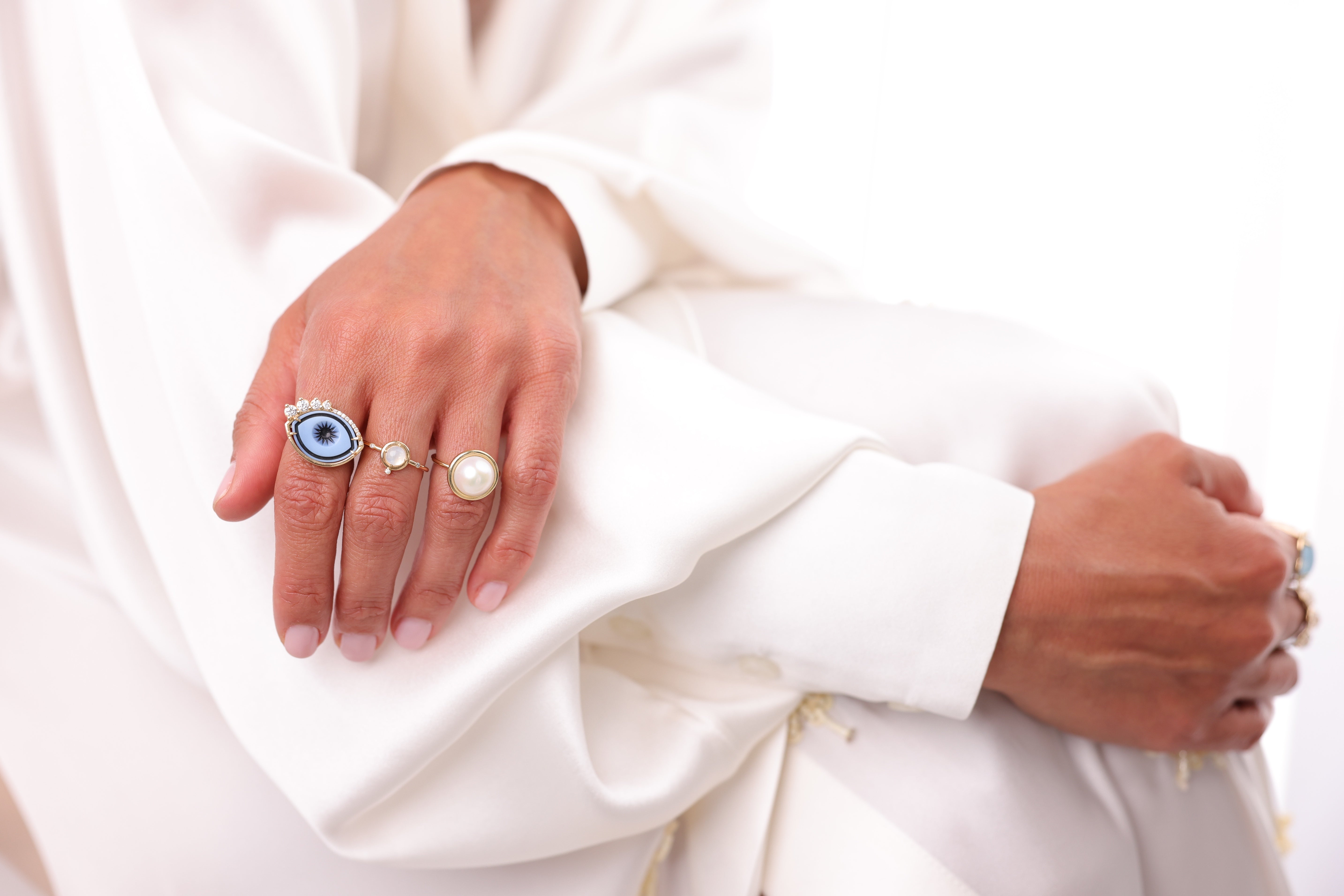 Cycladic Talisman 14K Gold Ring with Cameo Eye and Diamond Lashes