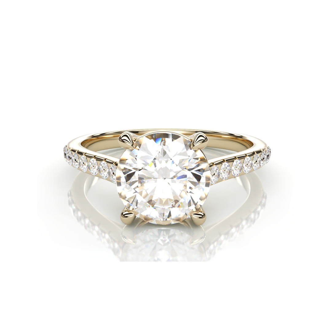 18K Yellow Gold Round LAB Diamond Ring with small Diamonds on each side