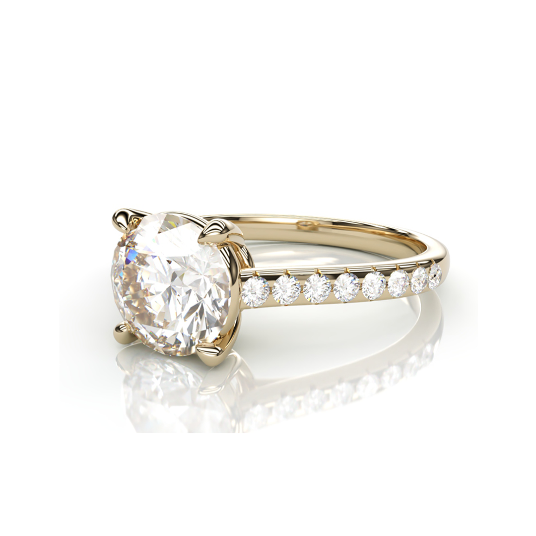18K Yellow Gold Round LAB Diamond Ring with small Diamonds on each side