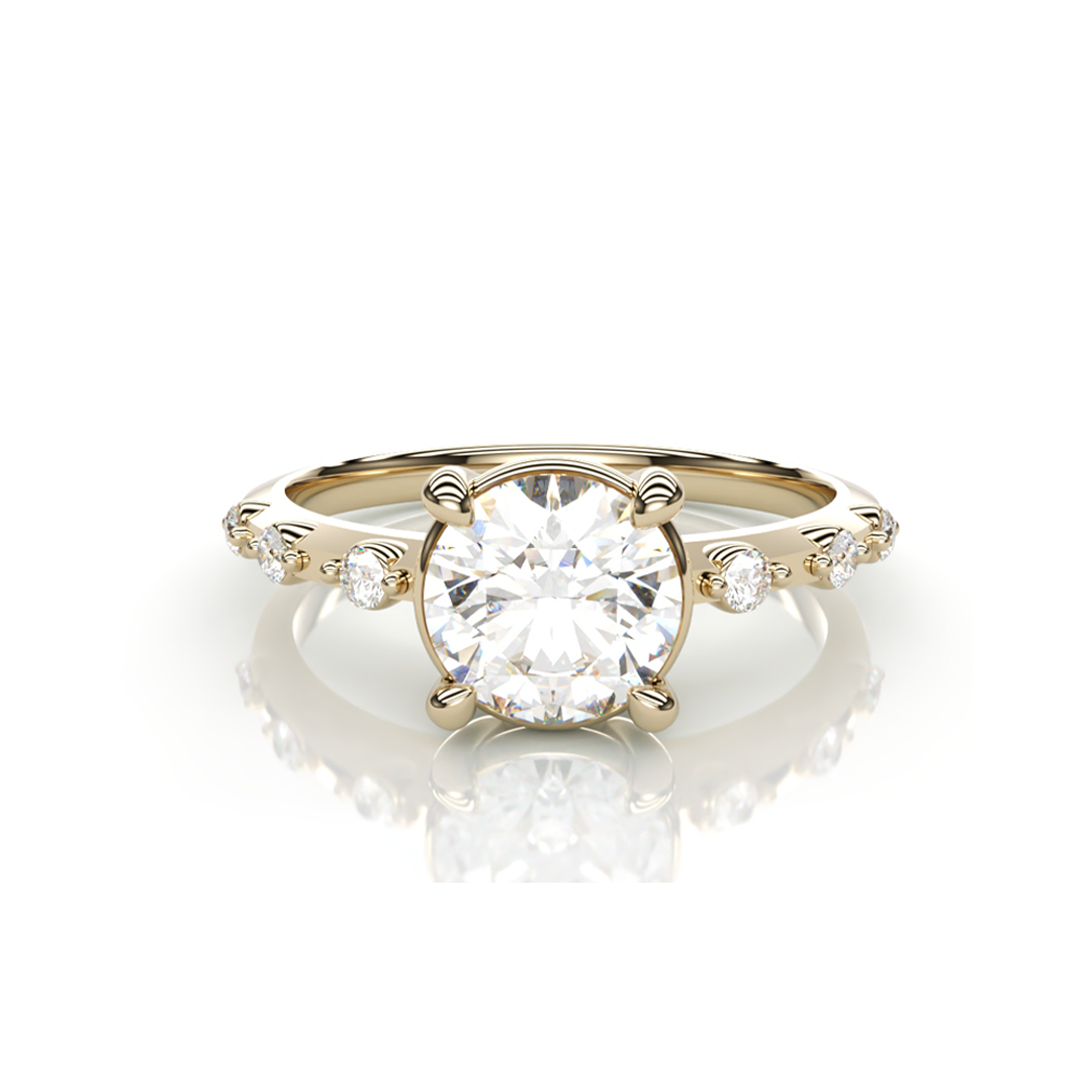 18K Yellow Gold Round LAB Diamond Ring with 3 small Diamonds on each side