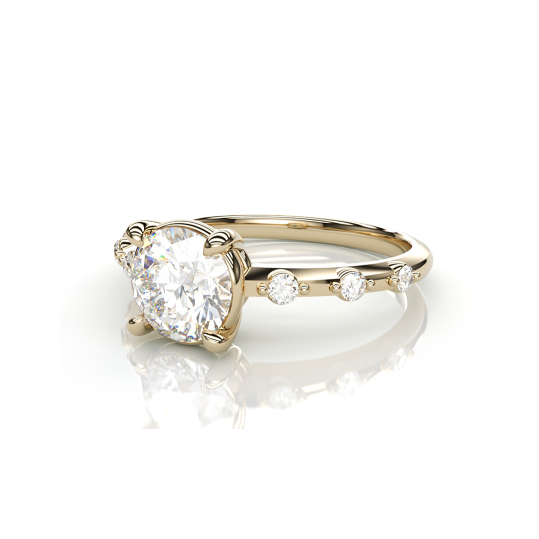 18K Yellow Gold Round LAB Diamond Ring with 3 small Diamonds on each side