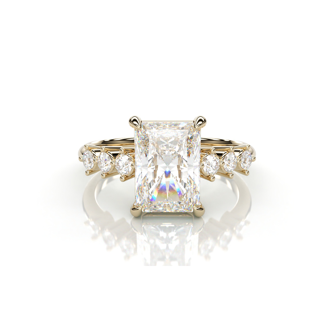 18K Yellow Gold Emerald LAB Diamond Ring with 6 small Diamonds