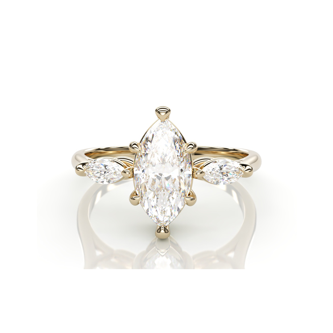 18K Yellow Gold Marquise LAB Diamond Ring with 1 Diamond on each side