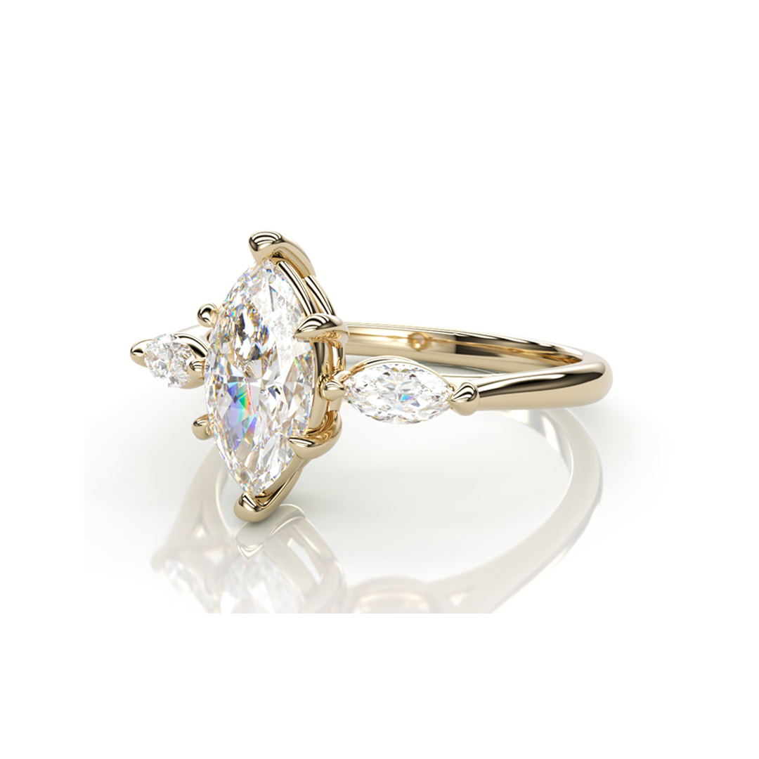 18K Yellow Gold Marquise LAB Diamond Ring with 1 Diamond on each side