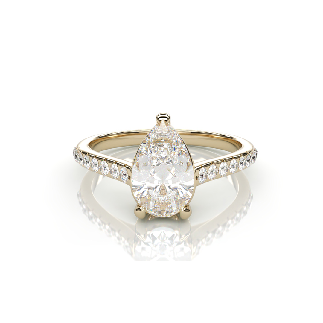 18 Yellow Gold Pear LAB Diamond Ring with small Diamonds on each side