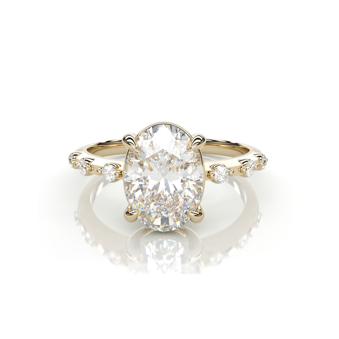 18K Yellow Gold Oval LAB Diamond Ring with 3 small Diamonds on each side