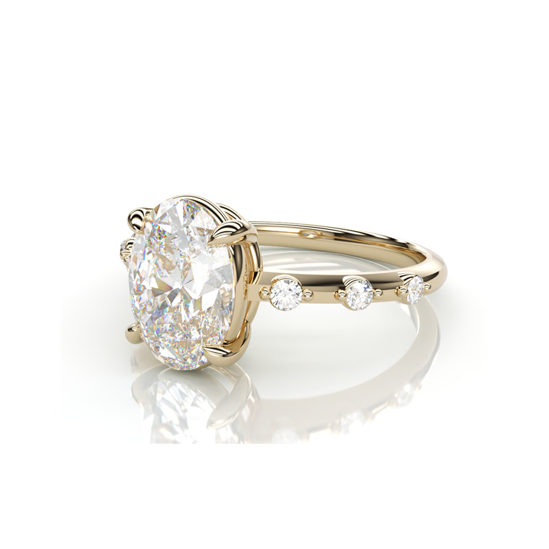 18K Yellow Gold Oval LAB Diamond Ring with 3 small Diamonds on each side