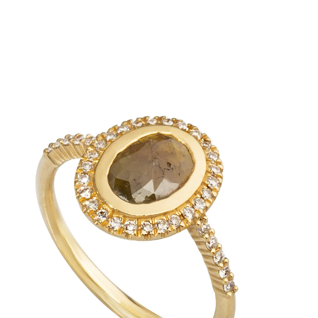 18K Gold Oval Rosecut Diamond Ring with White Diamond Halo