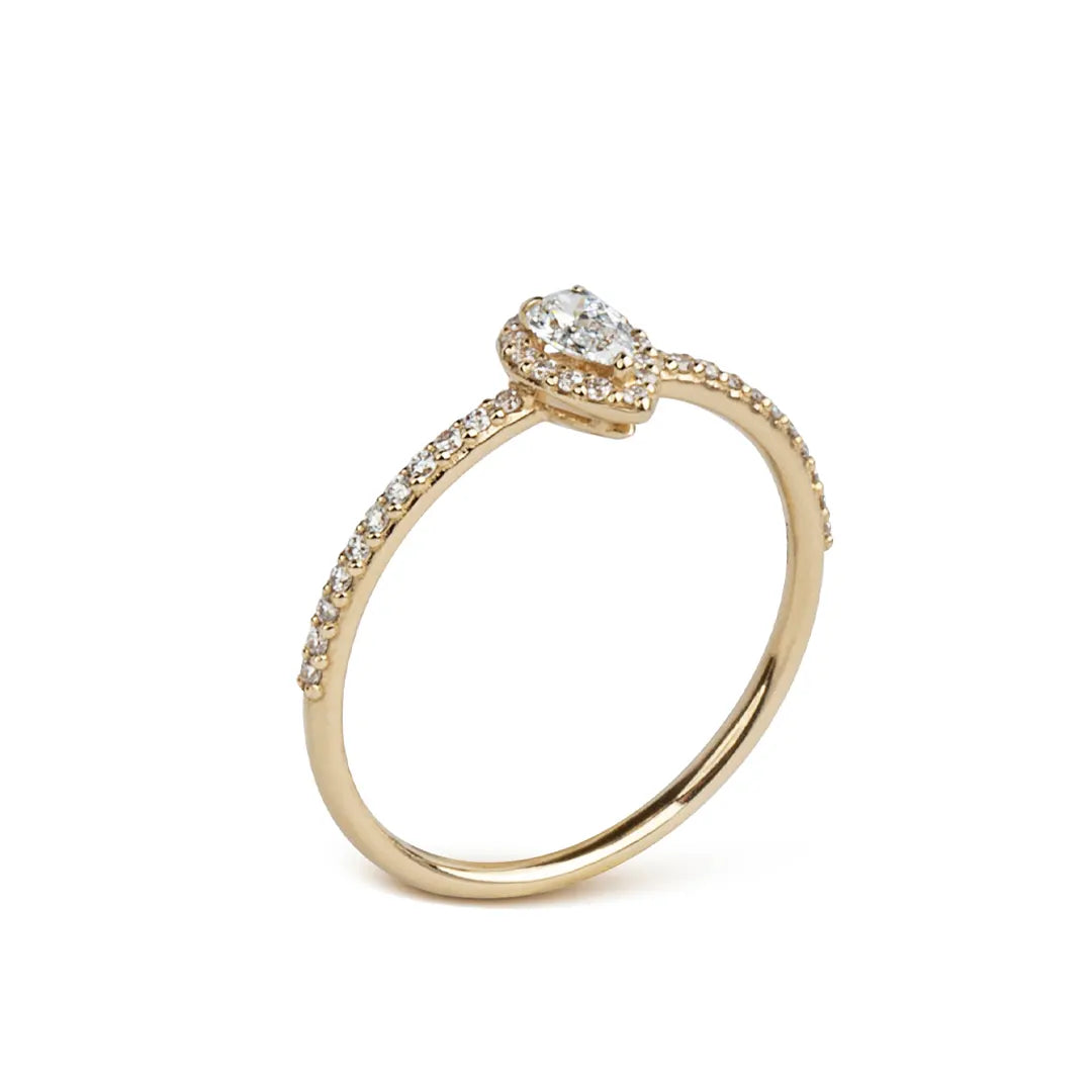 14K Gold Pear-Shaped Diamond Ring with White Diamond Halo