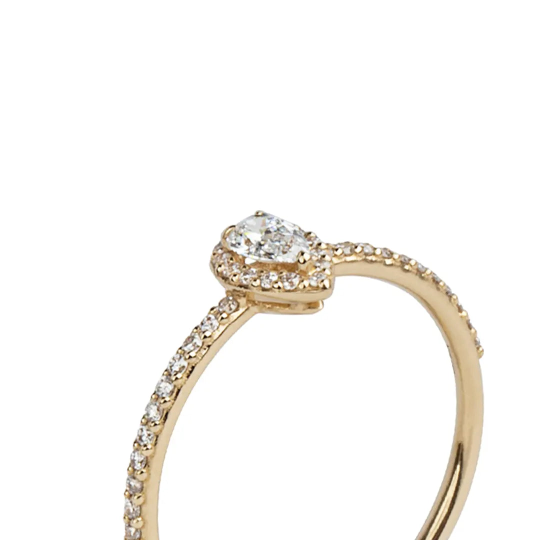 14K Gold Pear-Shaped Diamond Ring with White Diamond Halo