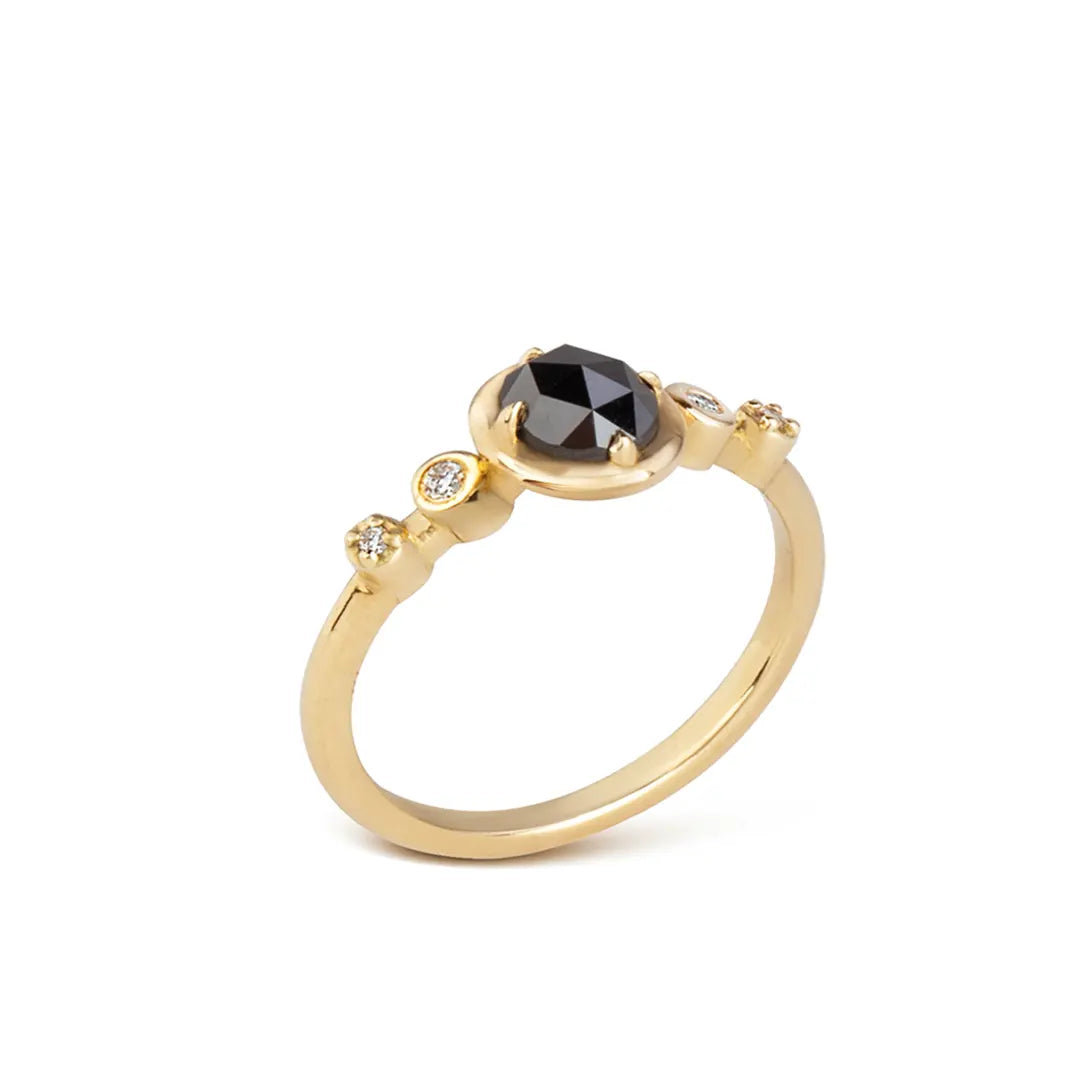 18K Gold Black Rose cut Diamond Ring with 4 tiny diamonds