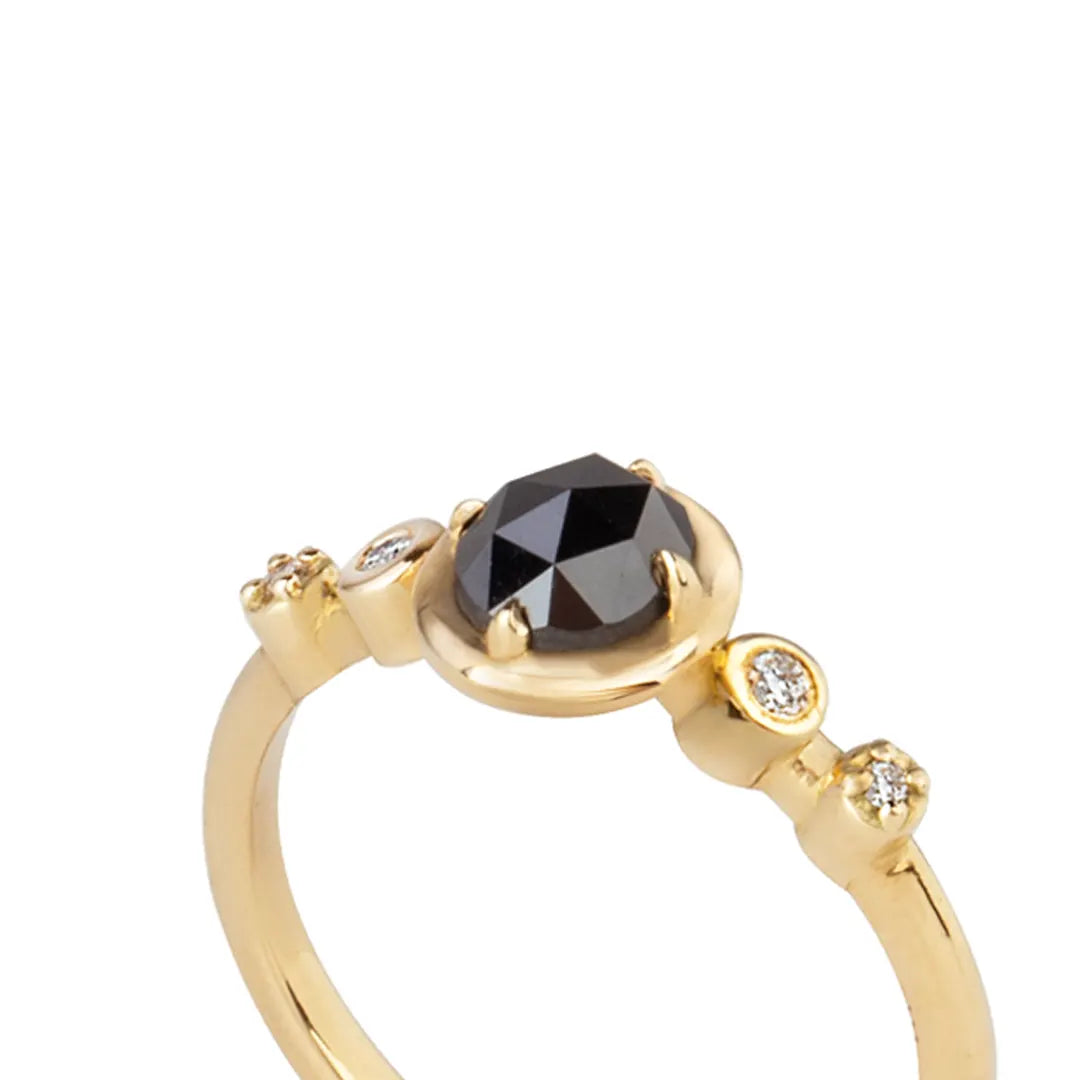 18K Gold Black Rose cut Diamond Ring with 4 tiny diamonds