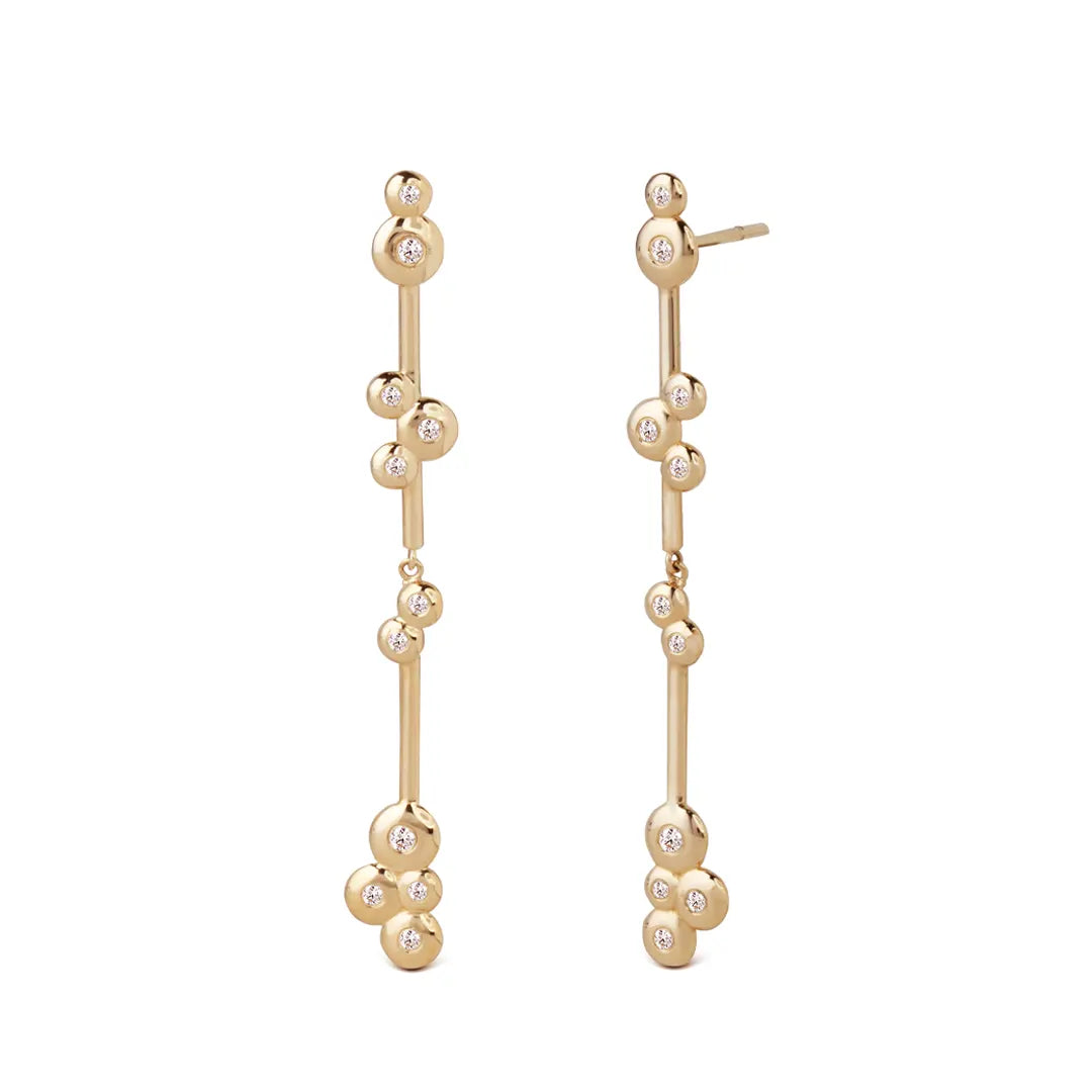 14K Gold Long line Earrings with 11 "Bubble" Diamonds