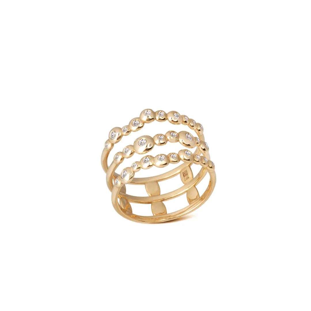 14K Gold Triple Band Ring with "Bubble" Diamonds