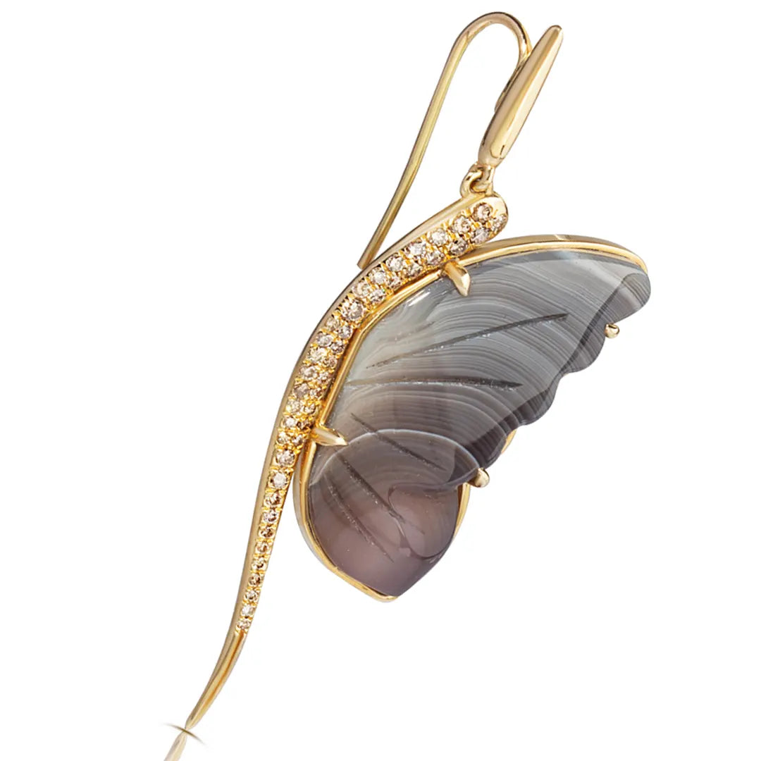 14K Gold Butterfly Earrings with Grey and Brown Agate and Brown Diamonds
