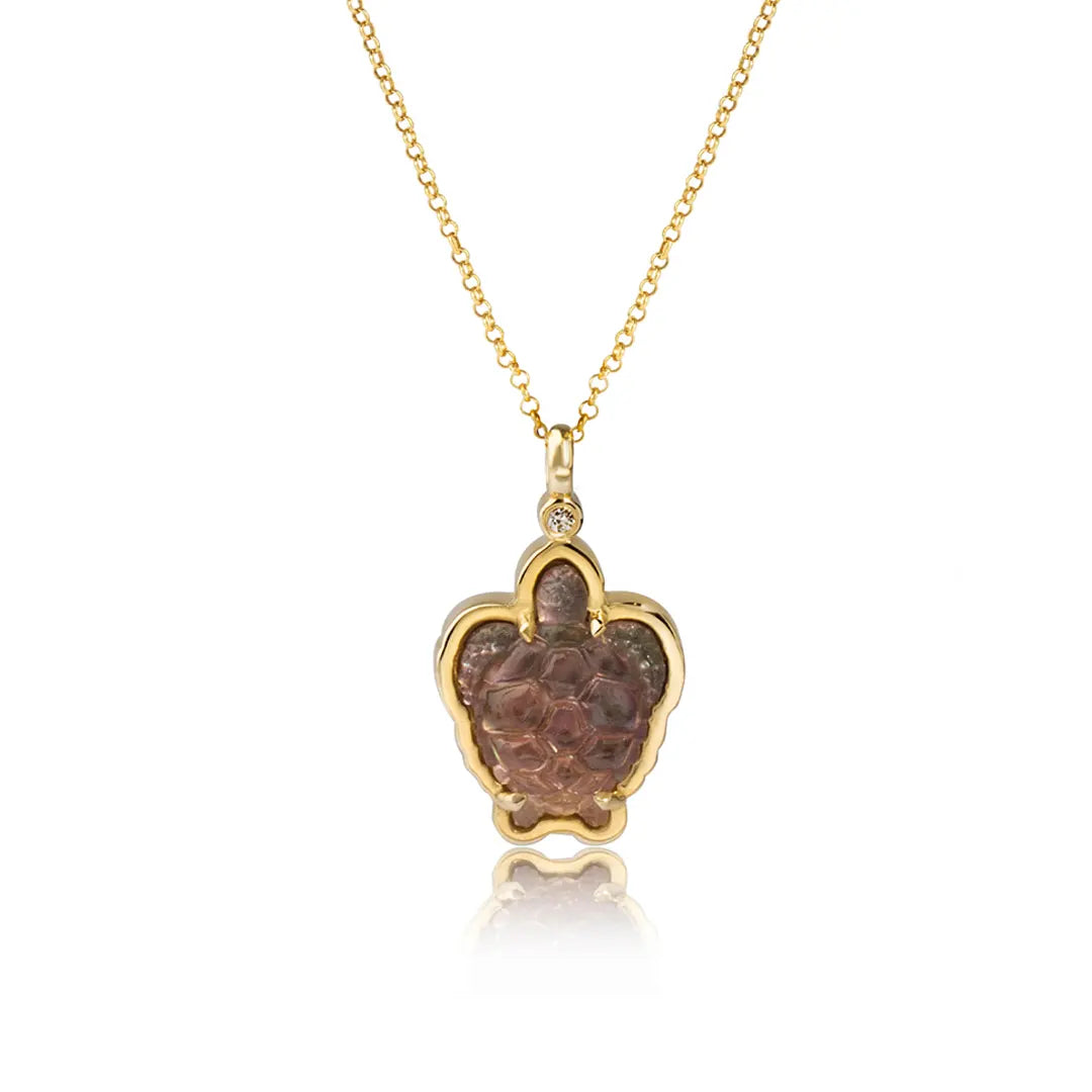 14K Gold Tiny Turtle Necklace with Grey Mother of Pearl and Diamond