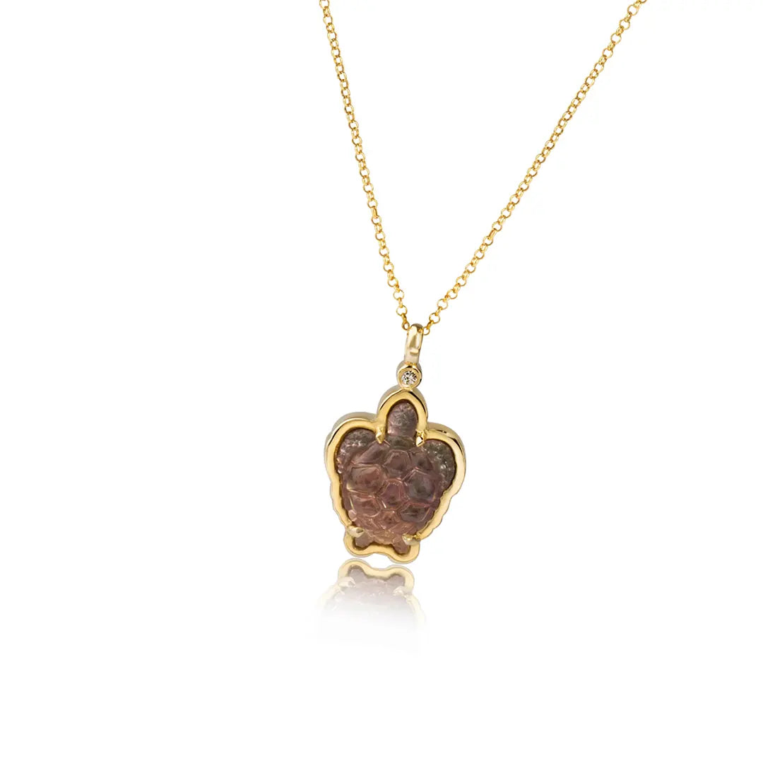 14K Gold Tiny Turtle Necklace with Grey Mother of Pearl and Diamond