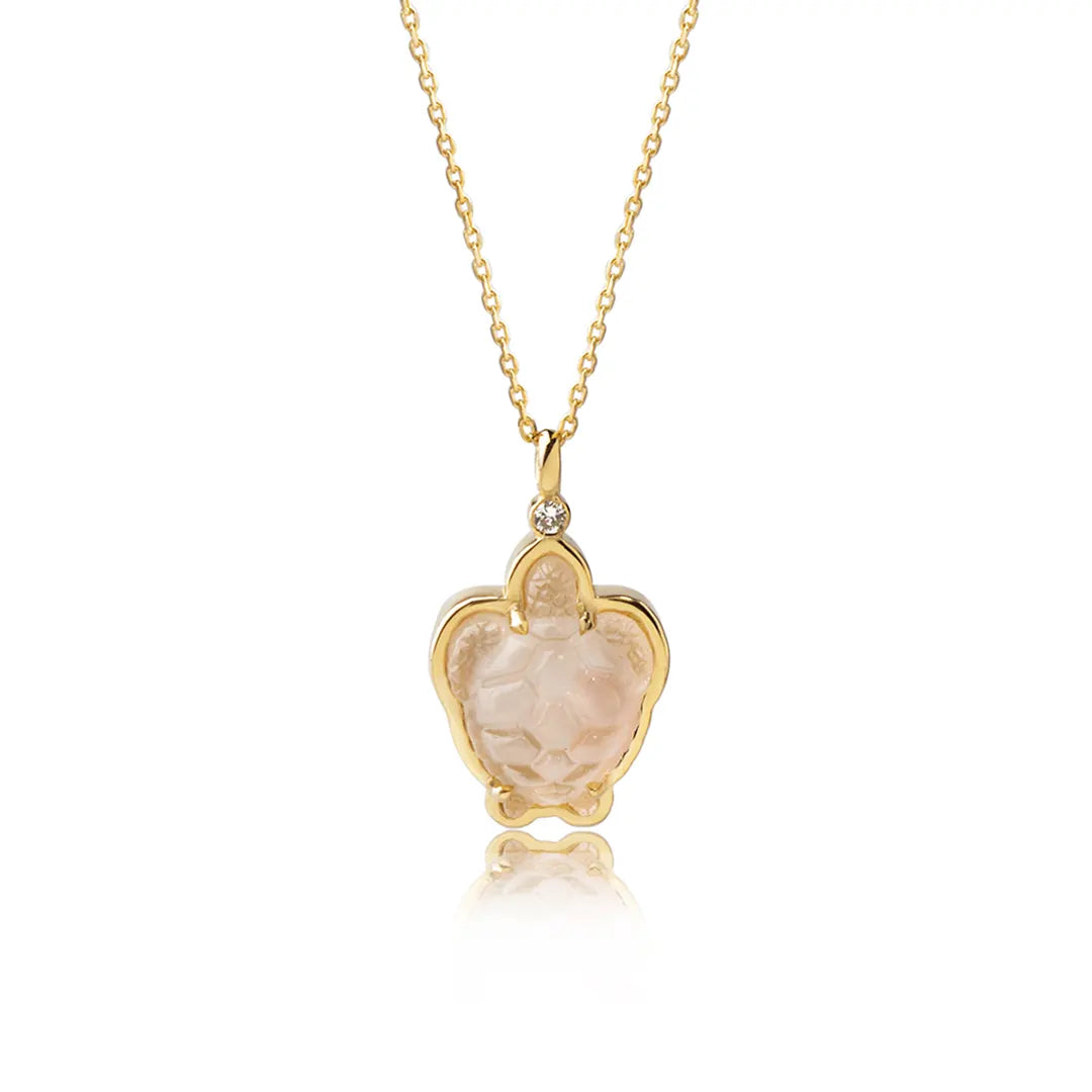 14K Gold Tiny Turtle Necklace with Mother of Pearl and Diamond