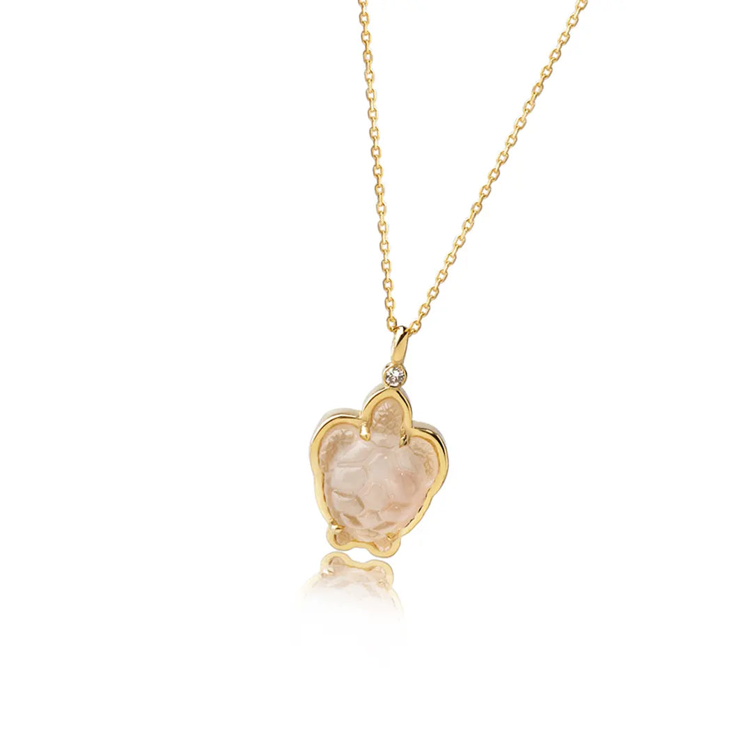 14K Gold Tiny Turtle Necklace with Mother of Pearl and Diamond