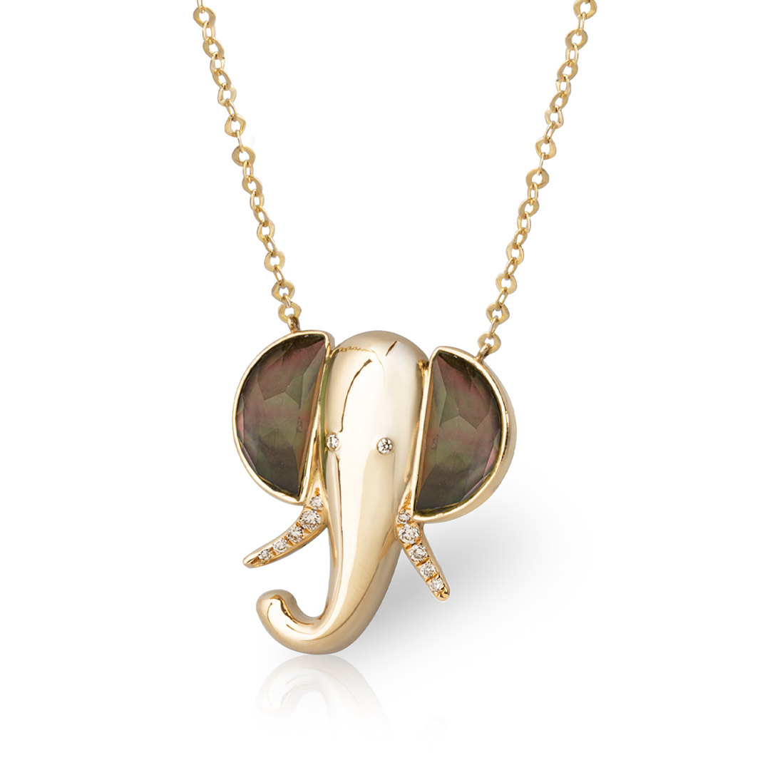 14K Gold Elephant Necklace with Grey Mother of Pearl and Diamonds