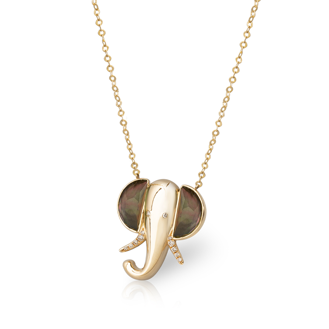 14K Gold Elephant Necklace with Grey Mother of Pearl and Diamonds