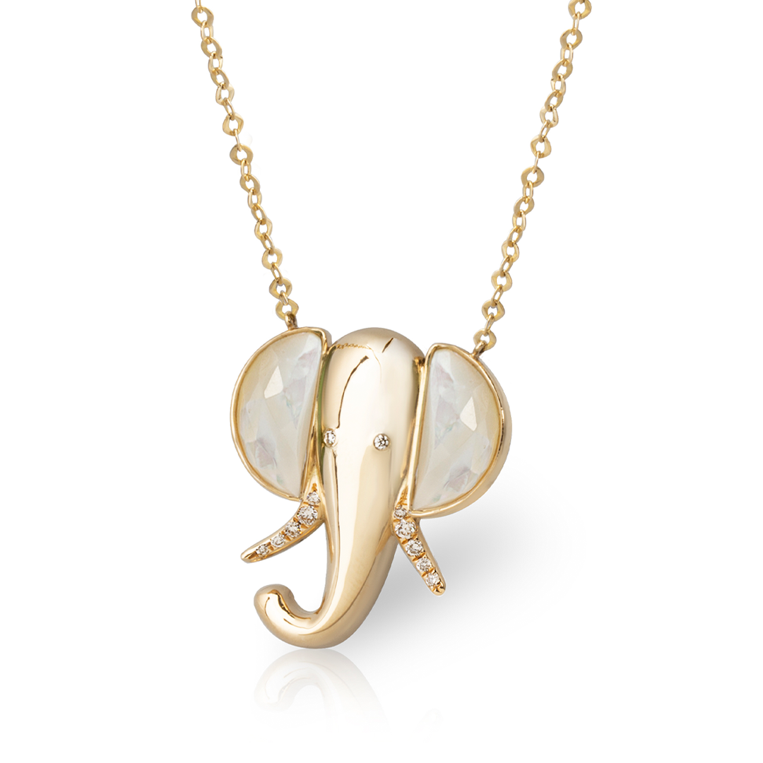 14K Gold Elephant Necklace with Mother of Pearl and Diamonds