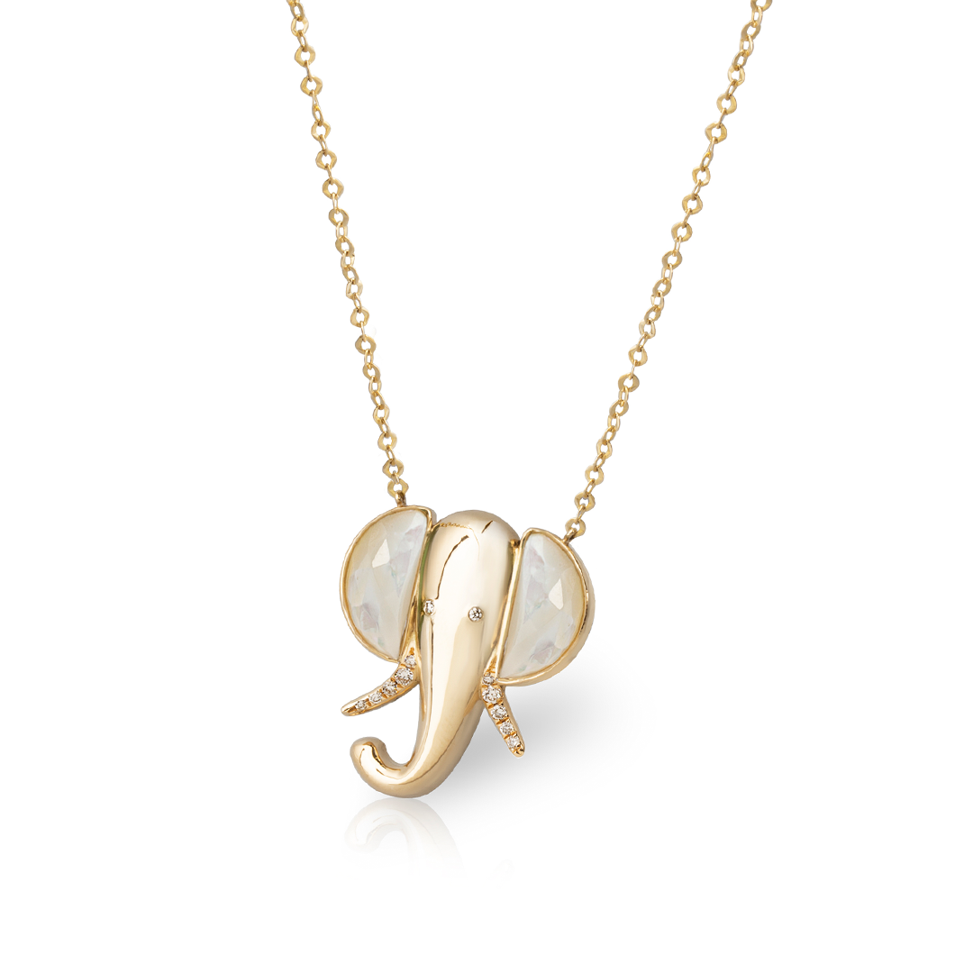14K Gold Elephant Necklace with Mother of Pearl and Diamonds