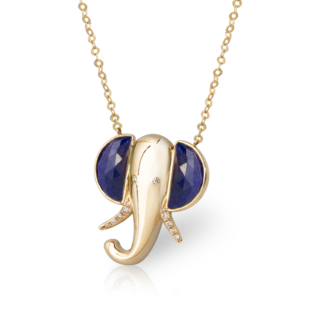 14K Gold Elephant Necklace with Lapis Lazuli and Diamonds
