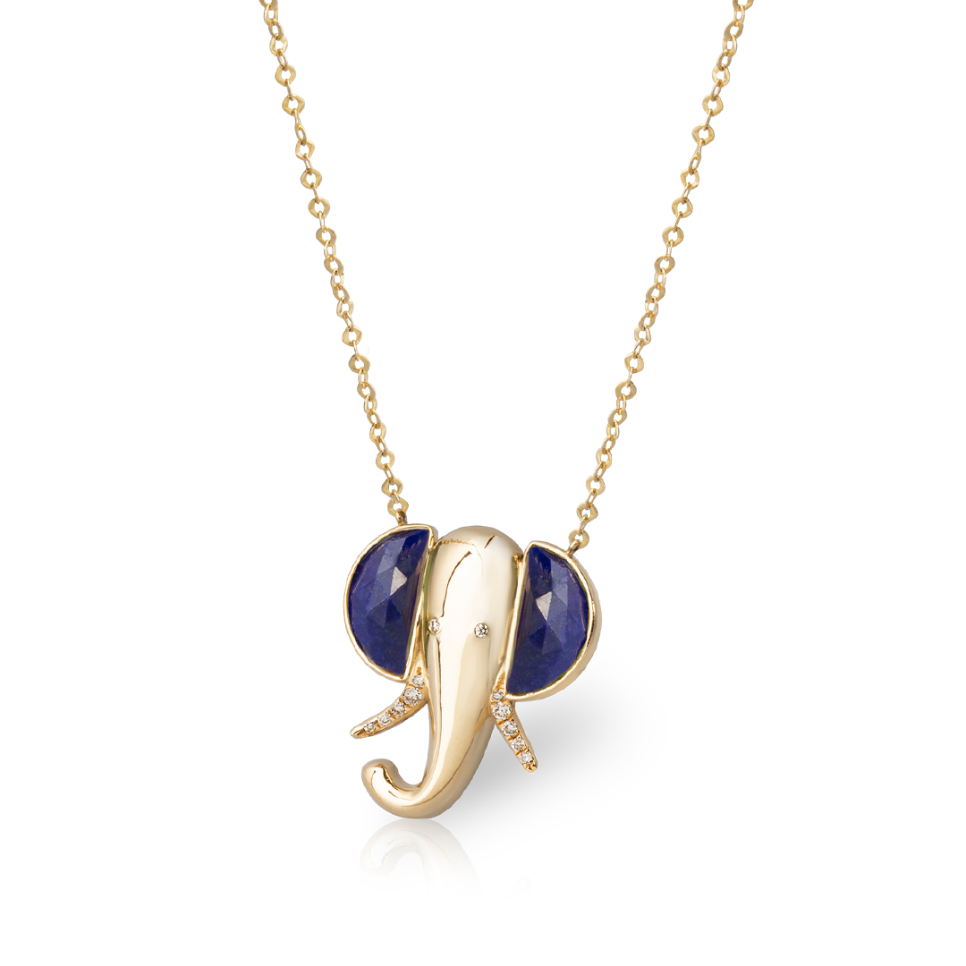 14K Gold Elephant Necklace with Lapis Lazuli and Diamonds