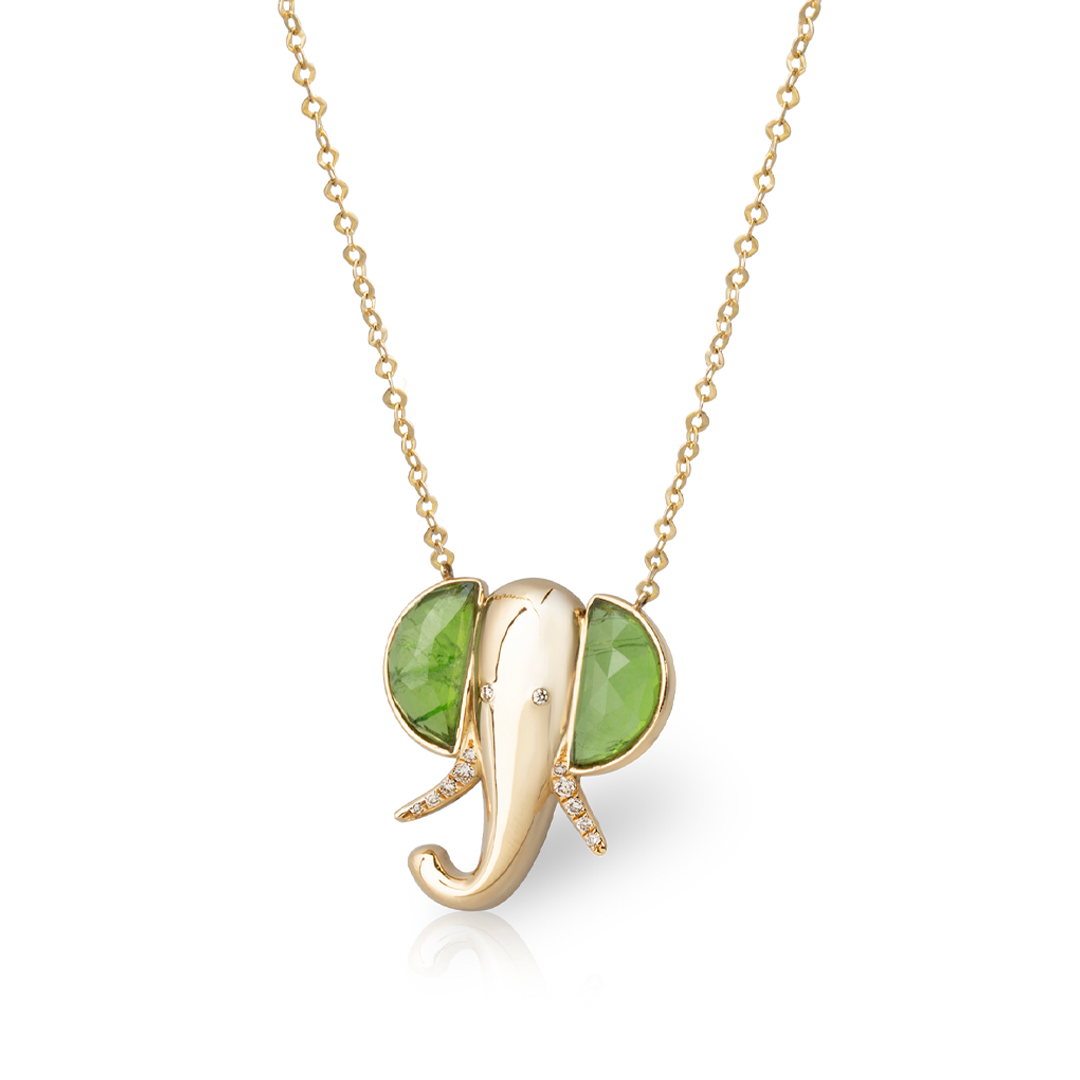 14K Gold Elephant Necklace with Dioptase and Diamonds
