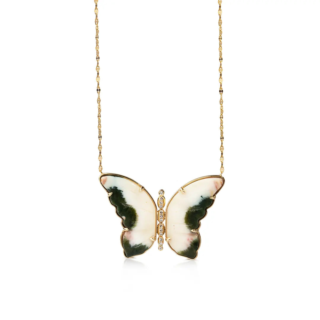14K Gold Butterfly Necklace with White and Green Agate and Diamonds