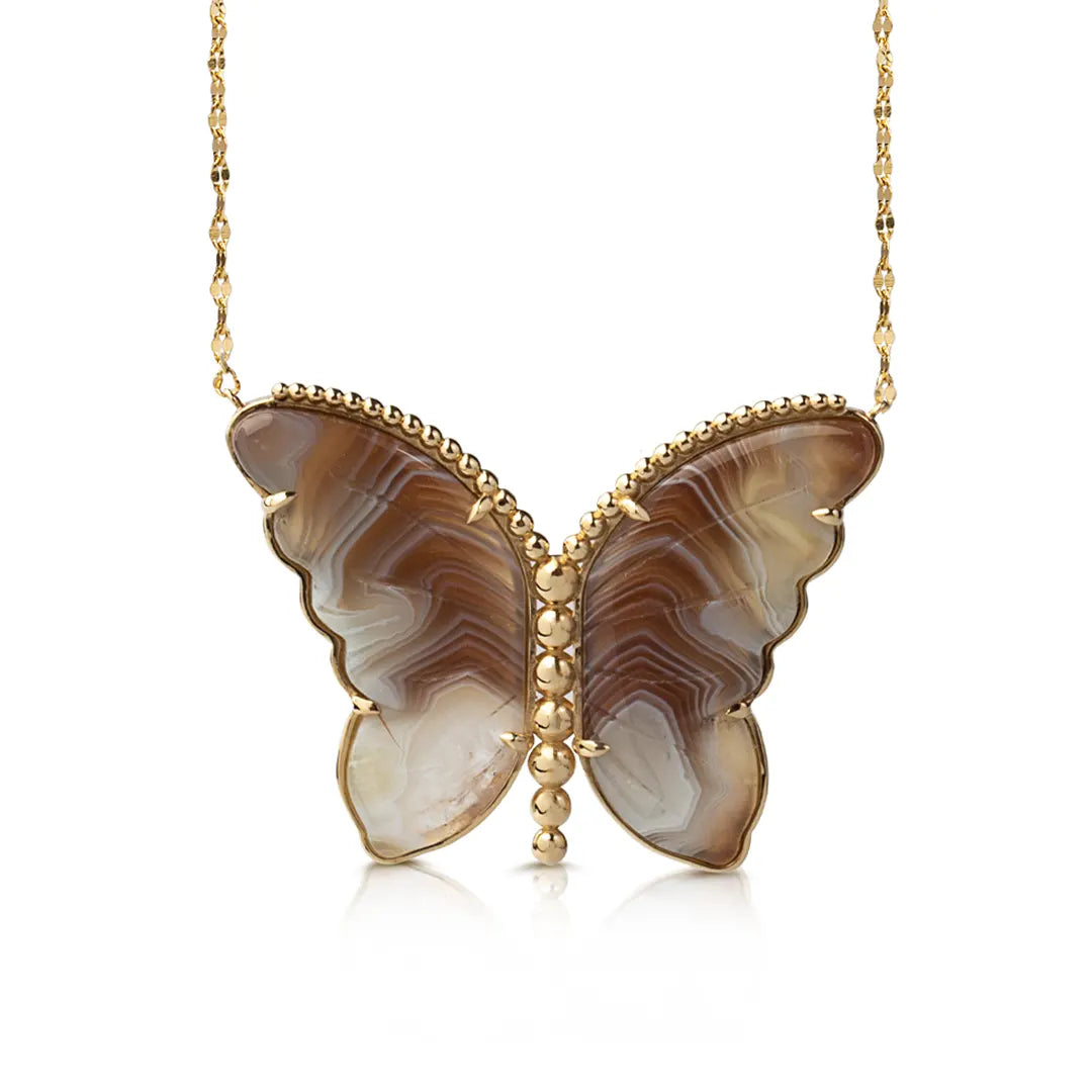 14K Gold Butterfly Necklace with White and Brown Agate and Gold Dots