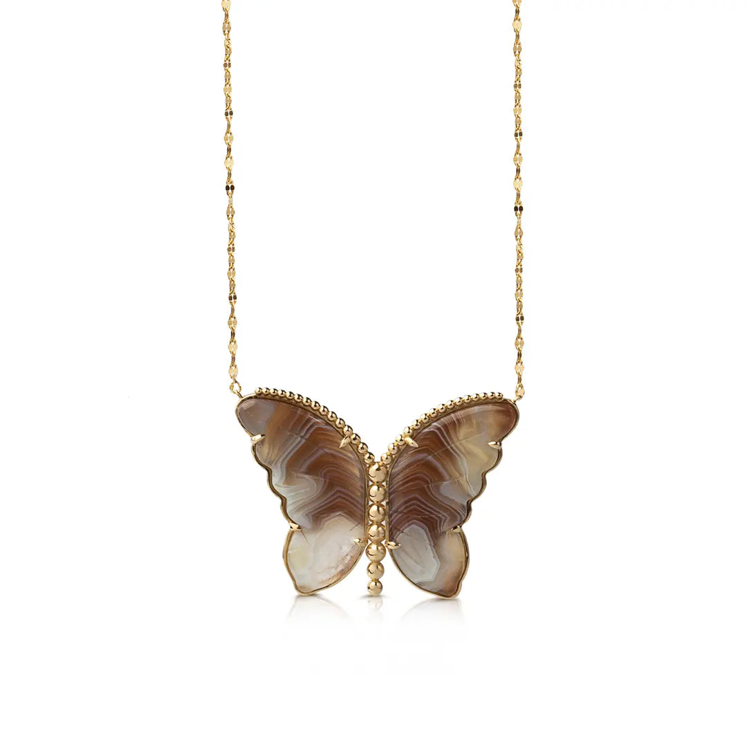 14K Gold Butterfly Necklace with White and Brown Agate and Gold Dots