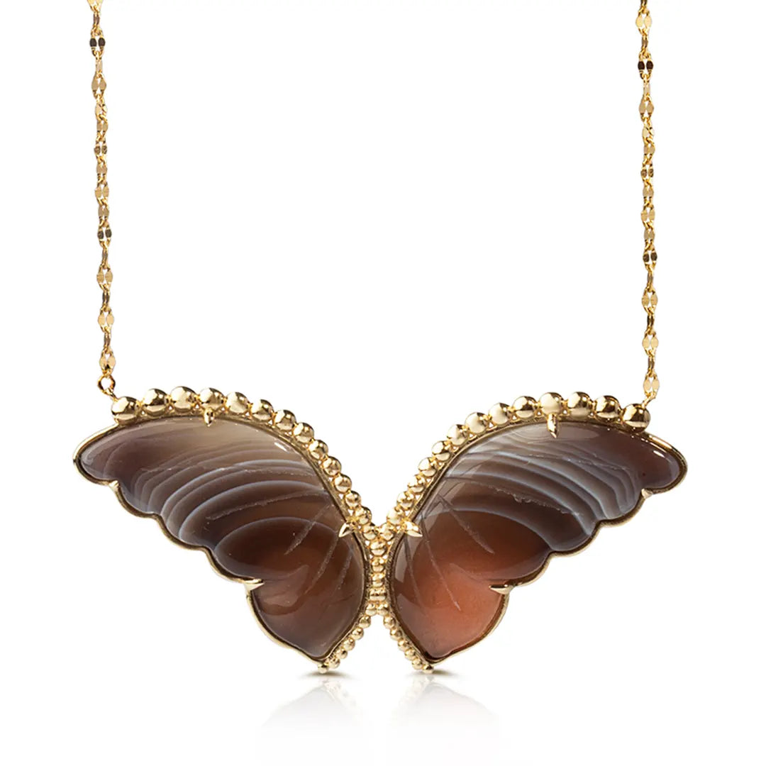 14K Gold Butterfly Necklace with Brown Agate and Gold Dots