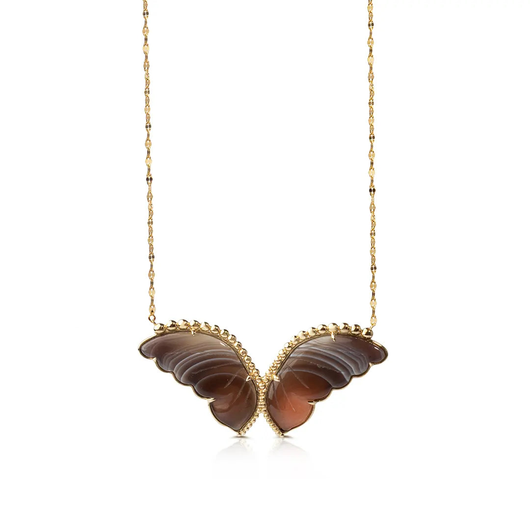 14K Gold Butterfly Necklace with Brown Agate and Gold Dots