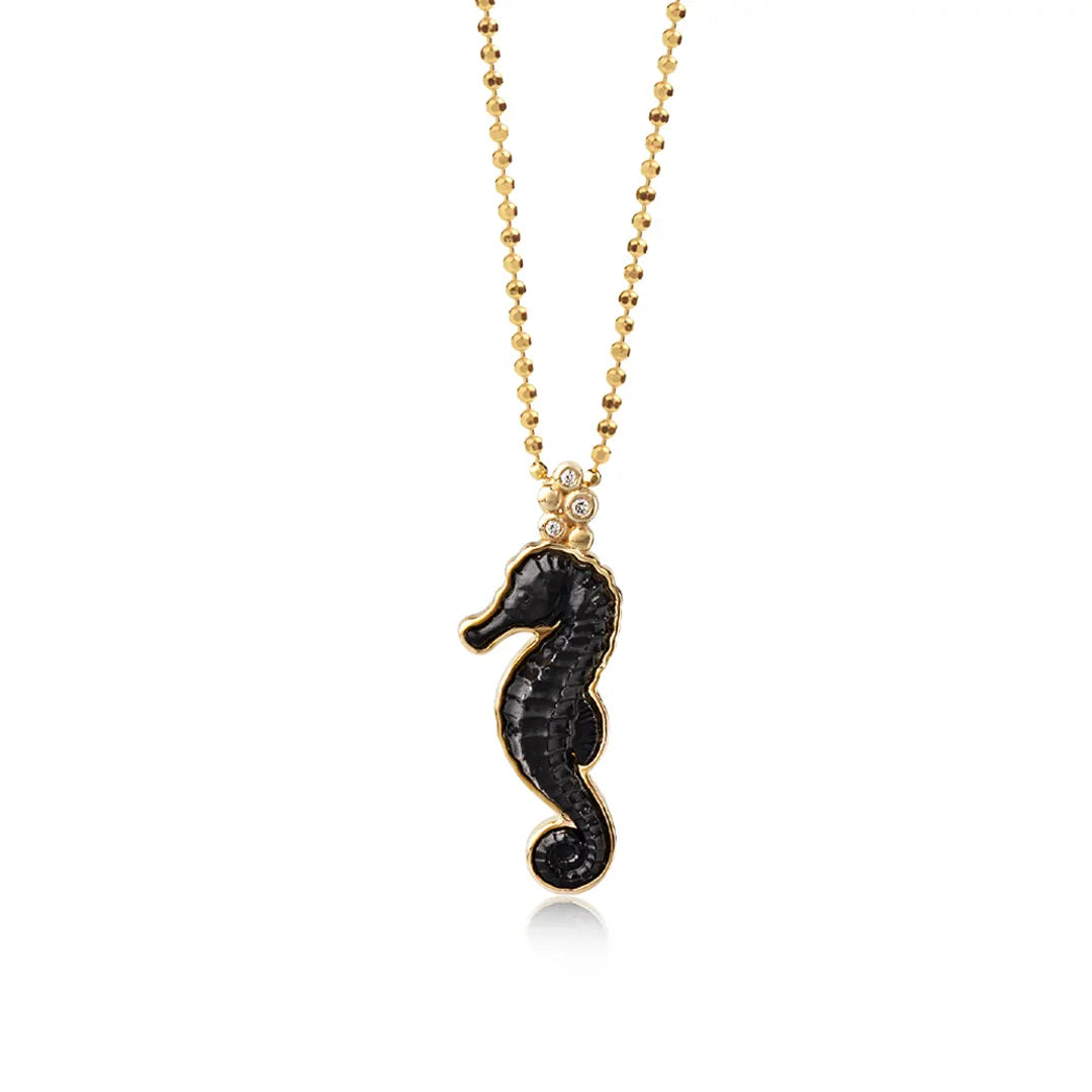 14K Gold Seahorse Necklace with Black Onyx and Diamonds