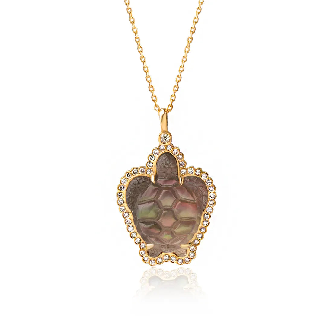 14K Gold Turtle Necklace with Grey Mother of Pearl and Diamonds