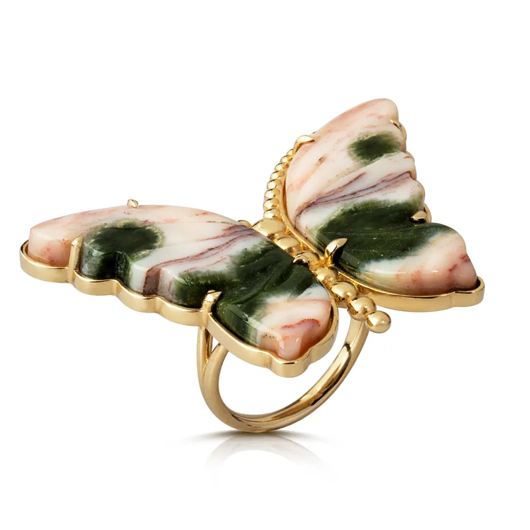14K Gold Butterfly Ring with Pink and Green Agate and Gold Dots