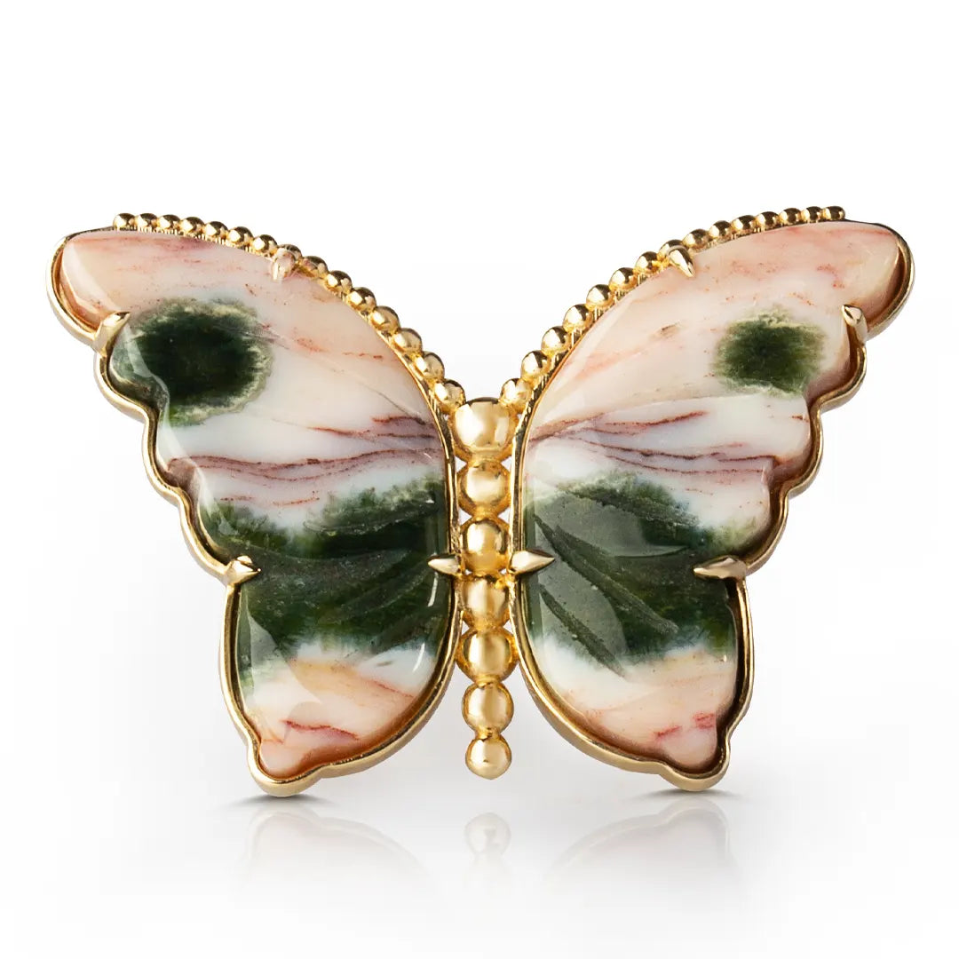 14K Gold Butterfly Ring with Pink and Green Agate and Gold Dots