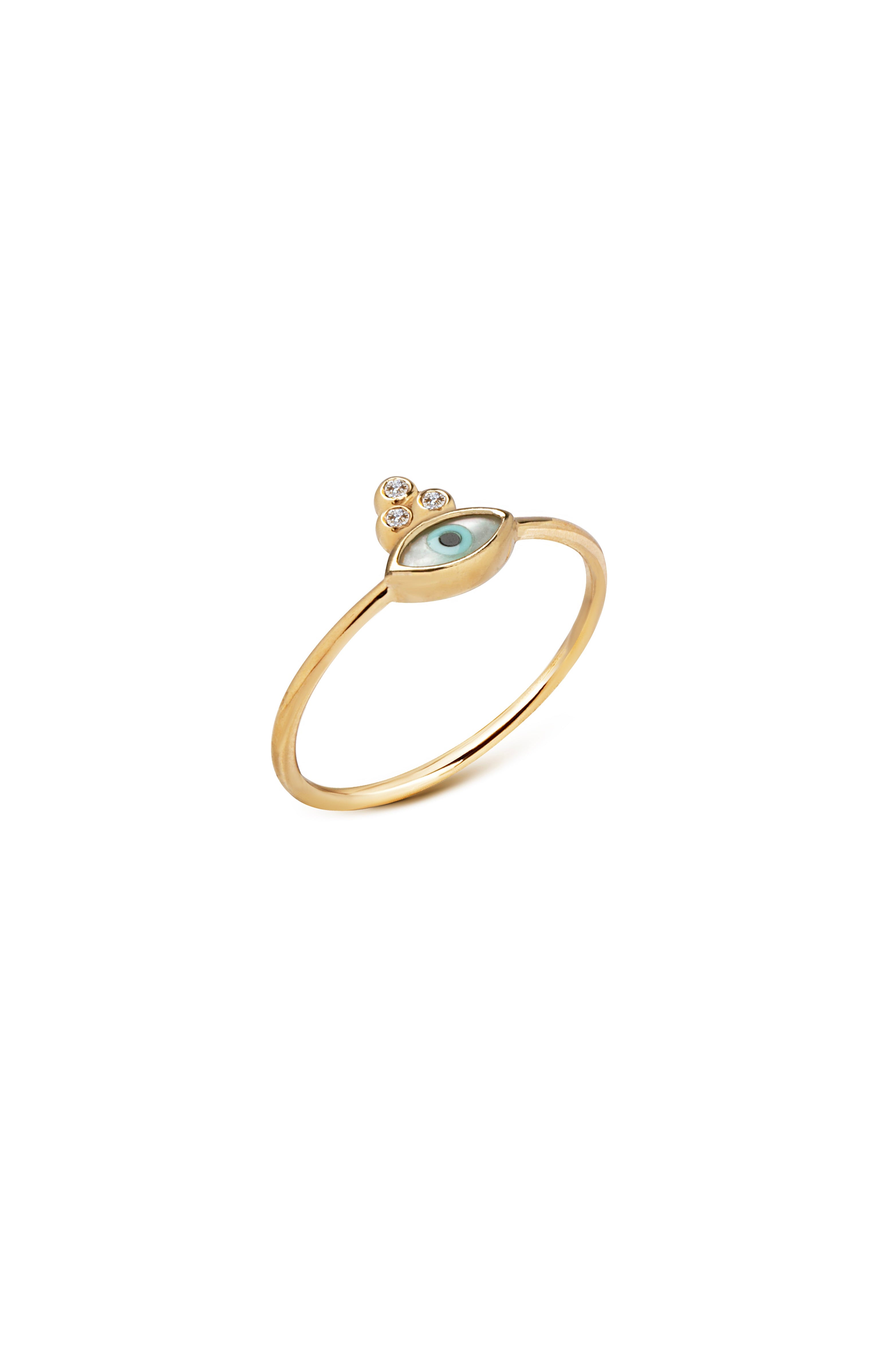 Navette Evil Eye 14K Gold Tiny Ring with 3 Diamonds
