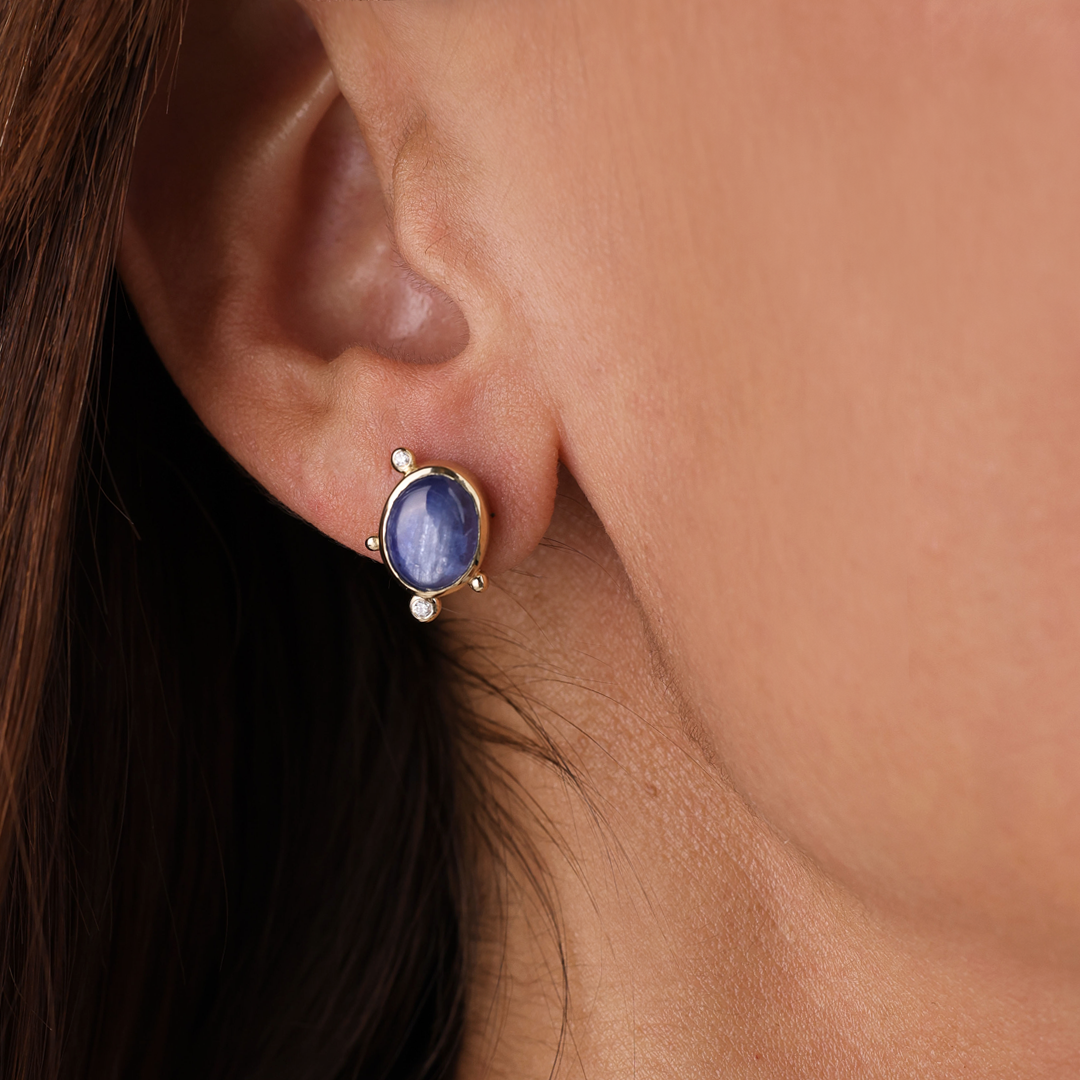 14K Gold  Oval Kyanite Earrings with Diamonds