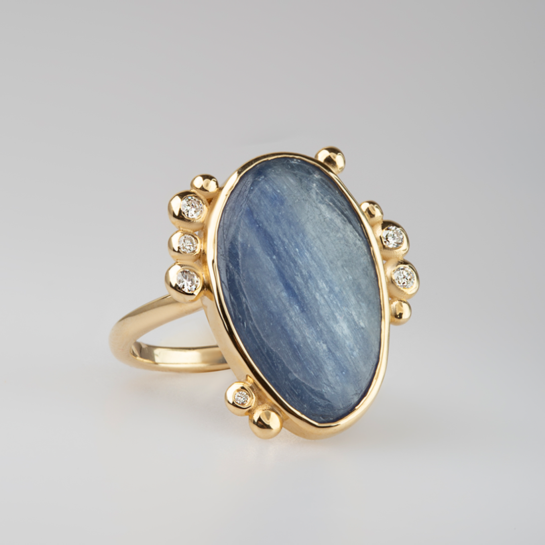 14K Gold  Oval Kyanite Ring with 6 Diamonds