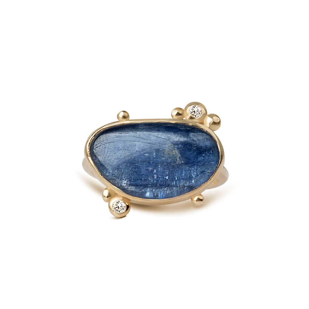 14K Gold  Irregular Kyanite Ring with 2 Diamonds