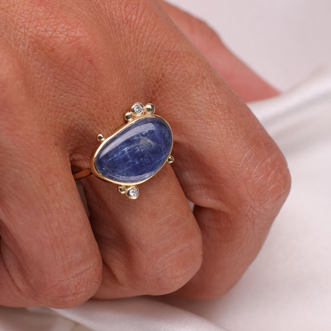 14K Gold  Irregular Kyanite Ring with 2 Diamonds