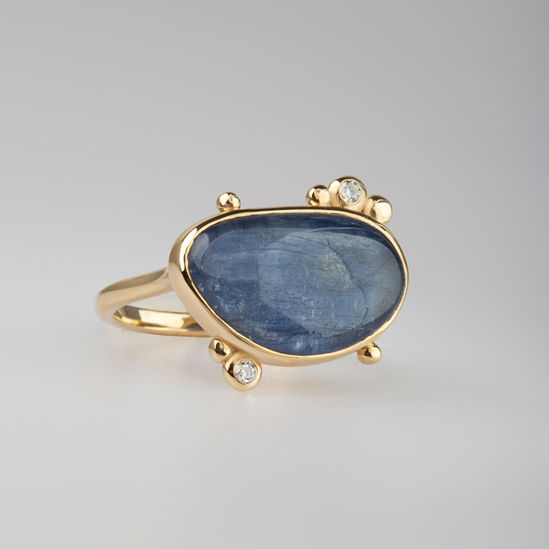 14K Gold  Irregular Kyanite Ring with 2 Diamonds