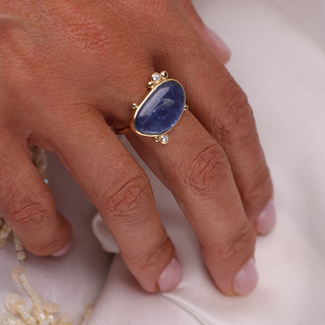 14K Gold  Irregular Kyanite Ring with 2 Diamonds