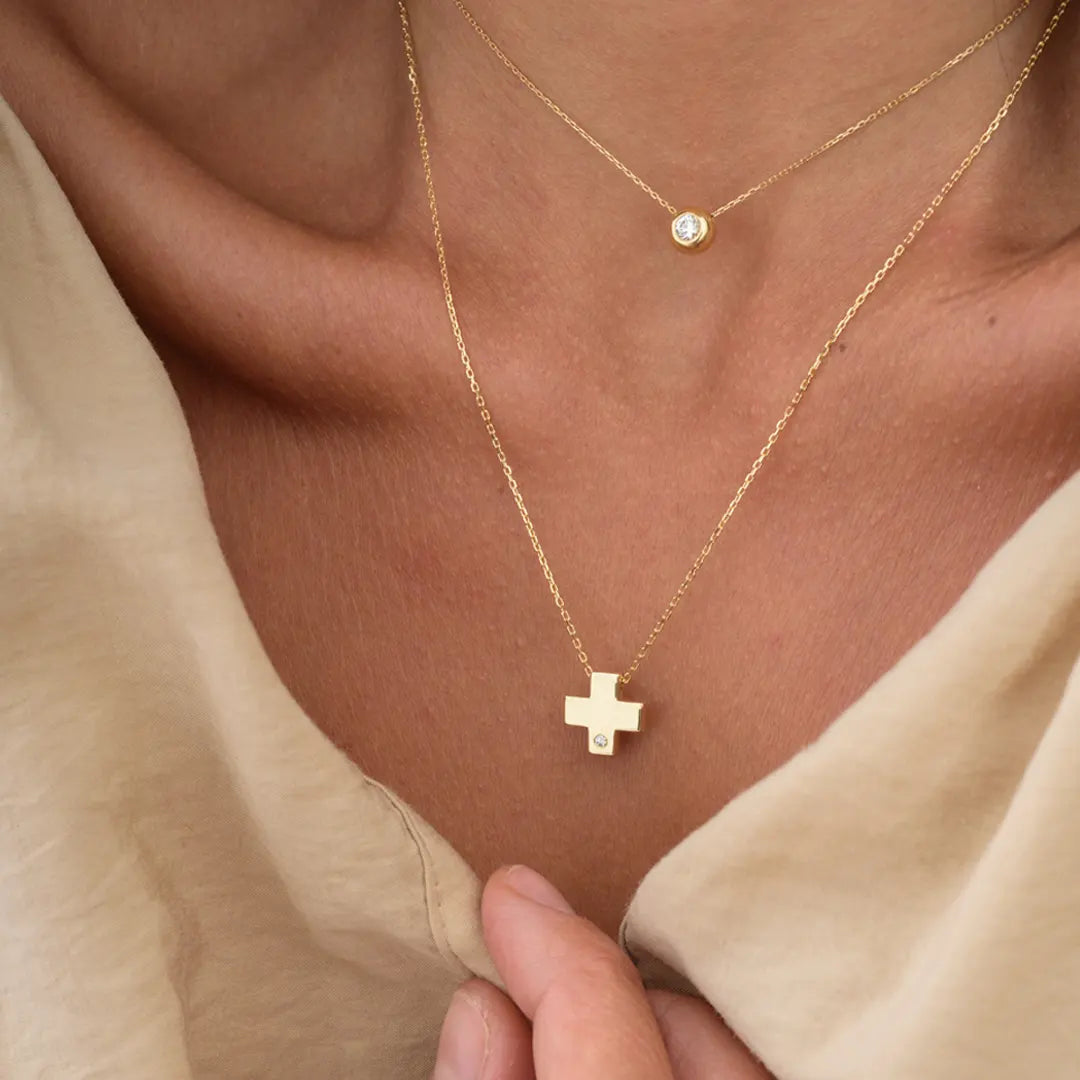 Tiny Squared Gold Cross Pendant