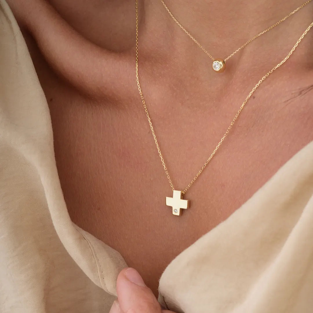 Tiny Squared Gold Cross Pendant