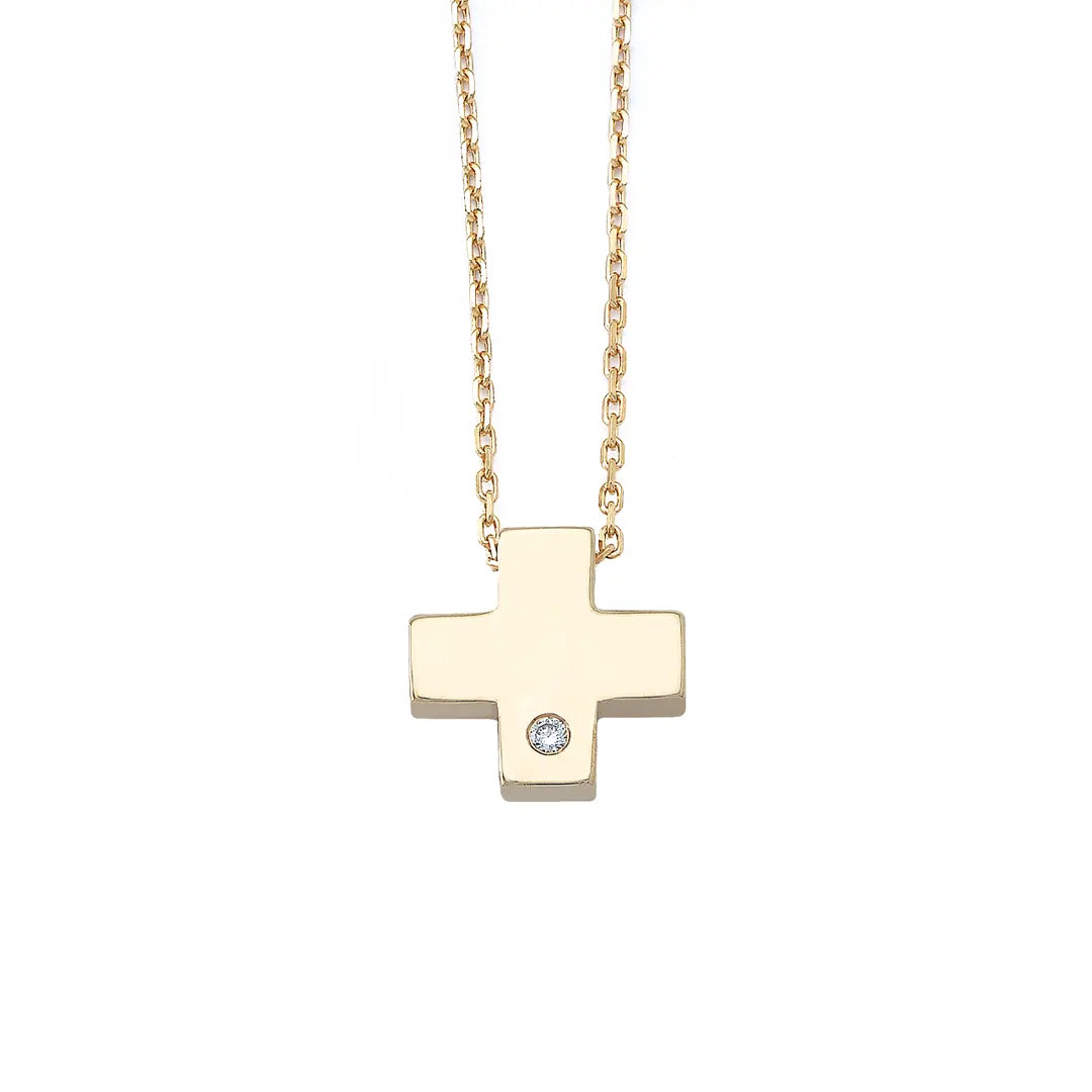 Tiny Squared Gold Cross Pendant with Diamond