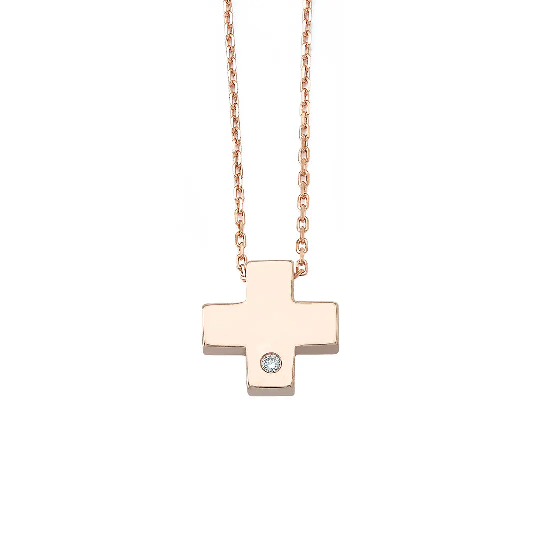 Tiny Squared Gold Cross Pendant with Diamond